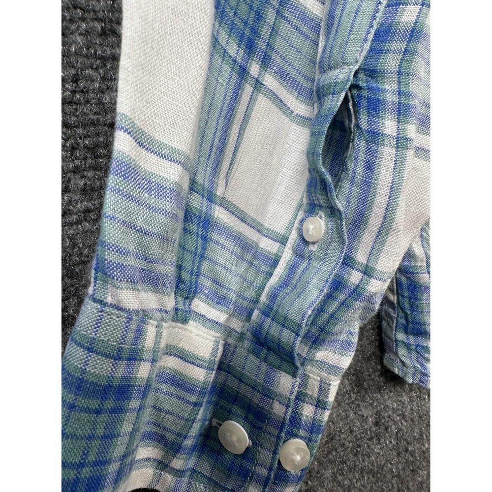 LL Bean Button Down Mens XXL Blue Green Plaid Linen Slightly Fitted Shirt Summer - Picture 7 of 7